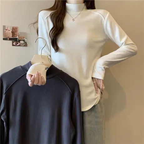半高领德绒打底衫女秋冬内搭加绒加厚修身显瘦长袖T恤保暖上衣服图片