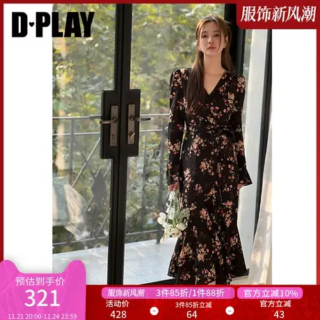 DPLAY秋新法式暗夜繁花茶歇裙V领泡泡喇叭袖连衣裙印花裙图片