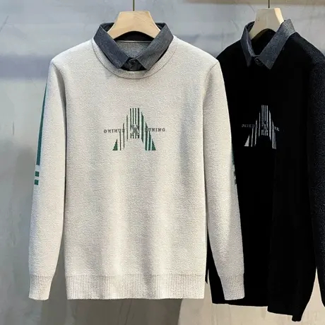 仿羊绒男士假两件毛衣韩版潮流上衣修身秋冬季加厚衬衫领男针织衫商品大图