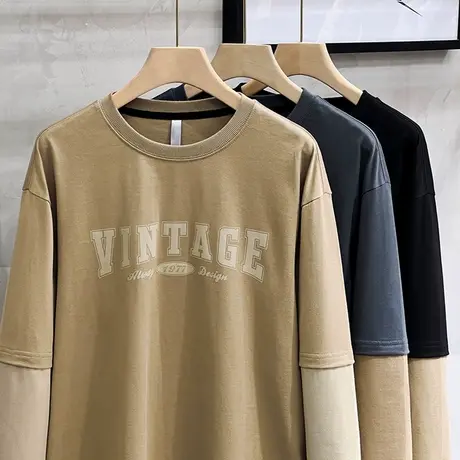 卫衣男士美式学院风潮流宽松拼接日系圆领潮牌男装春秋长袖t恤男商品大图