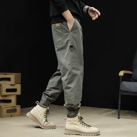 休闲工装裤男春季2024新款潮牌哈伦束脚男裤大码春秋美式拼接裤子商品大图