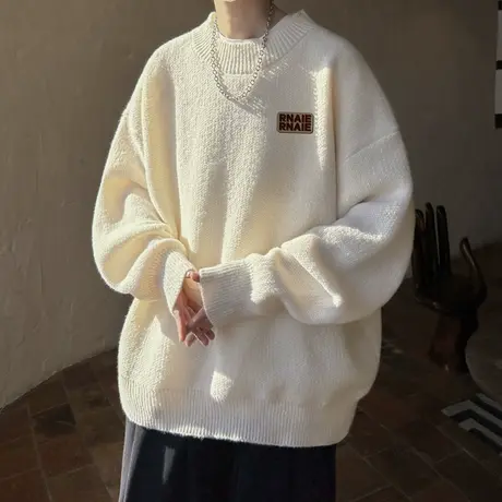 半高领毛衣男冬季加绒加厚慵懒风套头线衣潮牌宽松打底针织衫外套商品大图