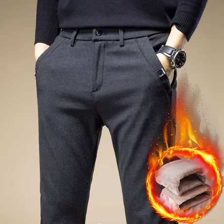 秋冬季男士休闲裤加绒加厚商务正装直筒西裤子防风抗寒冬装加棉裤商品大图