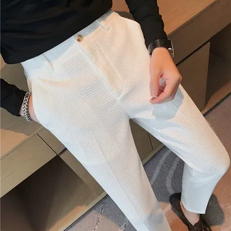 华夫格西装长裤男春秋新款高级感腰部松紧垂感锥形裤商务休闲裤子商品大图