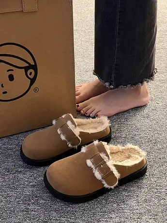 小众包头半拖毛毛鞋女2023秋冬新款穆勒鞋平底加绒休闲丑萌勃肯鞋商品大图