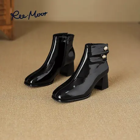 REEMOOR睿慕2023冬季新款法式气质漆皮短靴女上班通勤高跟瘦瘦靴图片