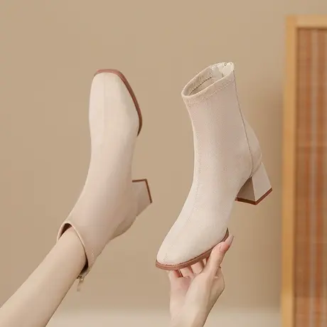 高跟短靴女2024新款春秋单靴黑色磨砂绒面方头显瘦粗跟弹力瘦瘦靴商品大图