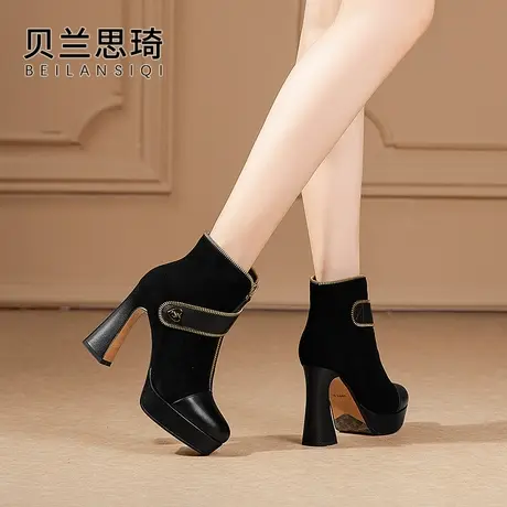 磨砂真皮圆头厚底粗跟短靴女2023秋冬季新款防水台高跟马丁靴子图片