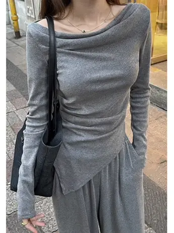 锁骨一字肩上衣女长袖t恤早秋季性感修身高级感不规则露肩打底衫商品大图