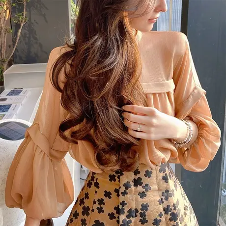 粉红大布娃娃时尚气质百搭上衣女遮肚子皱感雪纺衫2022春季新款商品大图