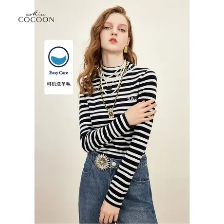 missCOCOON半高领条纹长袖针织衫女2023秋冬新款修身内搭打底上衣商品大图