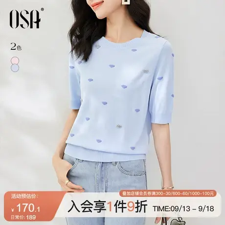 OSA欧莎蓝色冰丝短袖针织衫女夏季2023年新款提花显瘦短款上衣商品大图