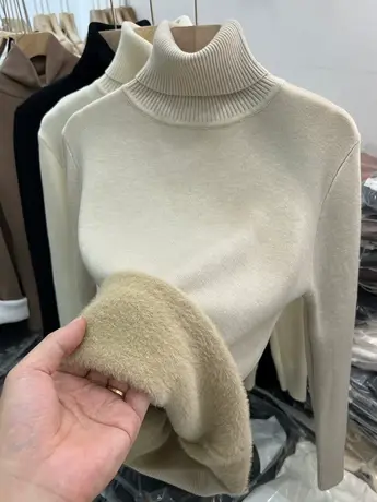 高领加绒加厚针织衫女上衣2023秋冬新款纯色内搭一体绒打底衫毛衣商品大图