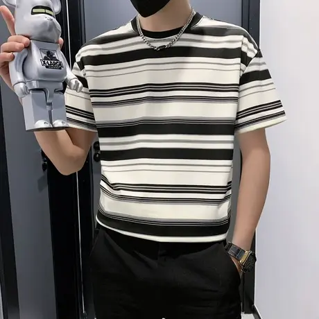 夏季半截袖ins潮牌短袖T恤个性条纹半袖2023新款男装日常上班体恤商品大图