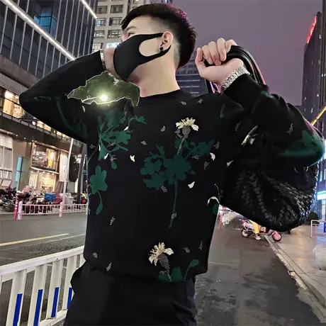 冬季花卉图案个性潮牌潮流高中生青少年ins痞帅针织衫修身男毛衣商品大图