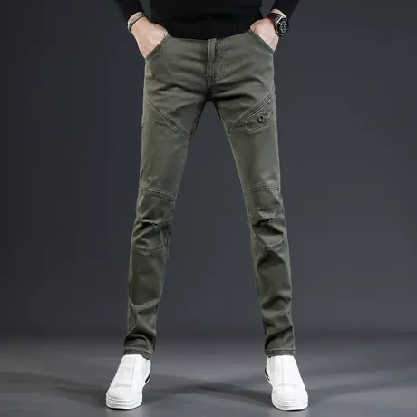 军绿色工装休闲牛仔裤男秋冬款修身小脚2023新款弹力百搭男士裤子商品大图
