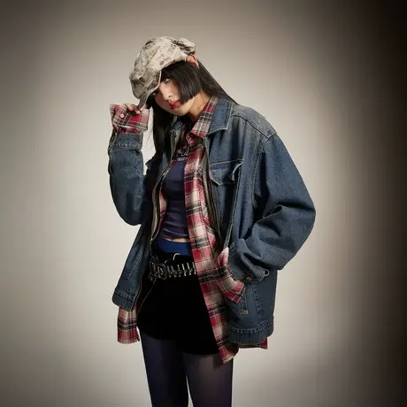 街头潮牌复古做旧牛仔外套女春季新款情侣装夹克宽松oversize上衣商品大图