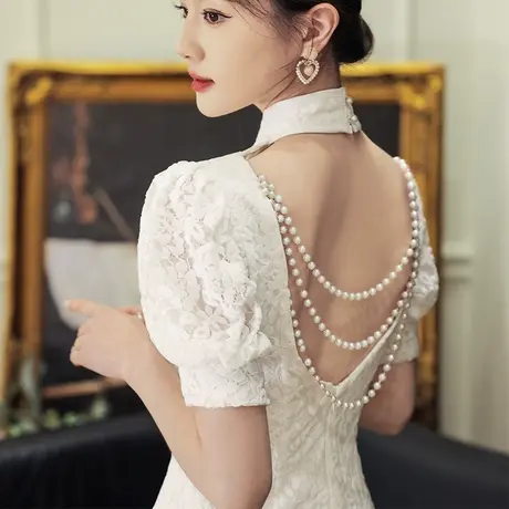 白色旗袍高级感高端订婚礼服女夏季结婚登记领证小白裙蕾丝连衣裙商品大图