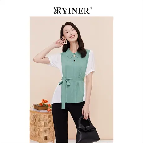 YINER音儿线上专选女装2023夏复古POLO领针织衫系带收腰上衣商品大图