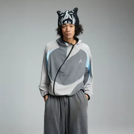 街头潮牌华夫格连帽外套女春秋2024新款情侣拼接短款宽松夹克上衣商品大图