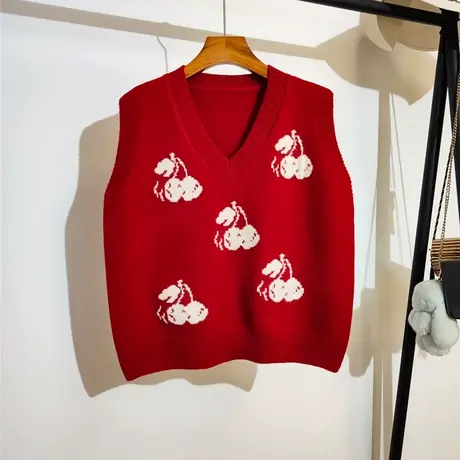新年红色樱桃针织马甲女秋冬宽松v领叠穿学院风毛衣坎肩背心外穿商品大图