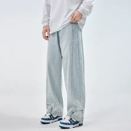 美式休闲牛仔裤男直筒潮牌宽松长裤春秋季水洗浅色阔腿拖地裤男商品大图