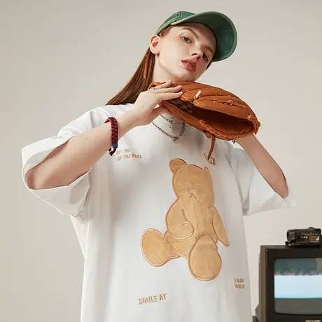 日系可爱毛巾绣小熊T恤男短袖潮牌潮流宽松oversize半袖上衣夏季商品大图