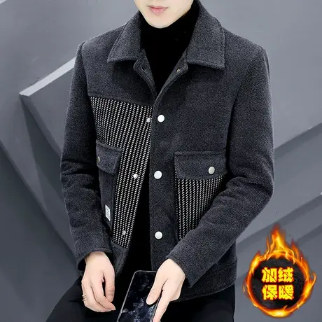 毛呢外套男士冬季潮牌痞帅加绒加厚条纹拼接上衣貂绒呢子工装夹克商品大图