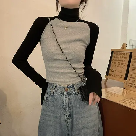 高领打底衫女秋冬季内搭修身显瘦短款长袖t恤插肩袖甜辣上衣新款商品大图