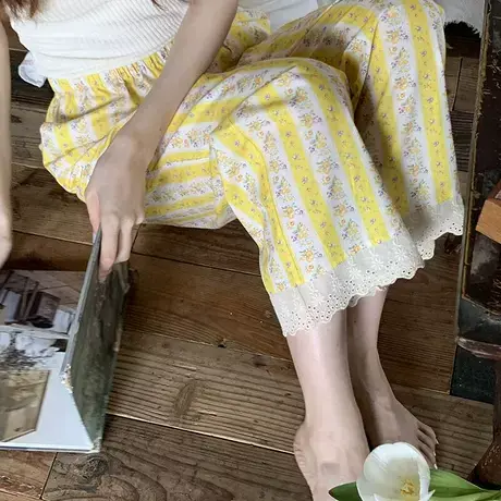 夏季甜美清新碎花蕾丝边绿色薄款梭织棉布家居长裤女睡裤ins宽松商品大图