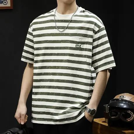条纹短袖t恤男士夏季2024新款宽松大码潮牌男装纯棉重磅男款体恤商品大图