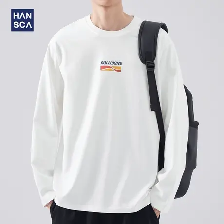 hansca 美式重磅260g字母印花休闲长袖t恤男春季圆领宽松套头上衣商品大图