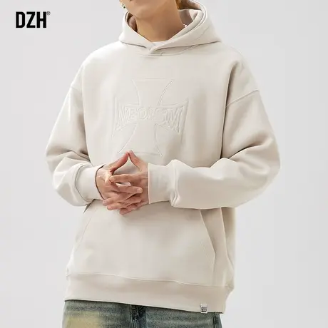 男士杏色美式重磅卫衣男春秋潮牌连帽休闲长袖外套潮高级感连帽衫商品大图