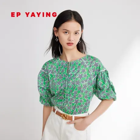 EP YAYING雅莹 设计感抽褶V领撞色印花衬衫 2023新款2306B图片