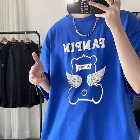 短袖T恤男夏季ins潮牌宽松半袖卡通落肩五分袖大码高街情侣上衣服商品大图