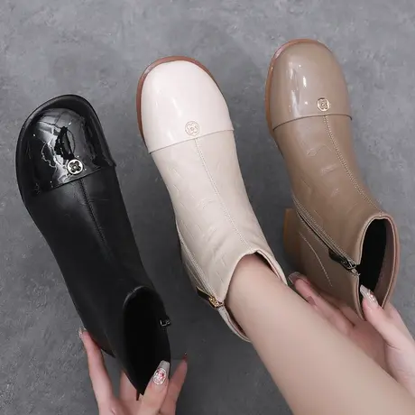 小皮鞋女英伦风短靴中跟秋季小羊皮大码女短靴40一43显脚小靴子女商品大图