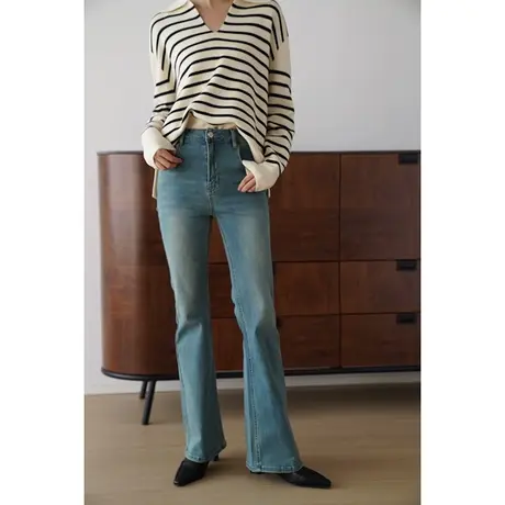 嘉茱莉2023秋季新款1OO棉高腰牛仔裤女高腰喇叭裤小个子长裤薄款图片