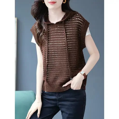 宝诗黎连帽亮丝镂空羊毛马甲背心女2023夏季新款外搭无袖纯色上衣图片