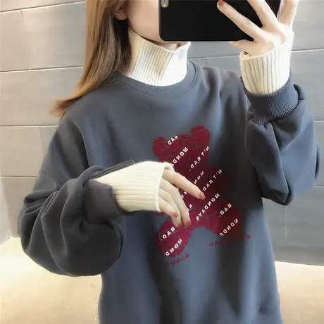 高领卫衣加绒加厚女士卡通设计感2023减龄小熊图案袖口撞色拼接潮商品大图