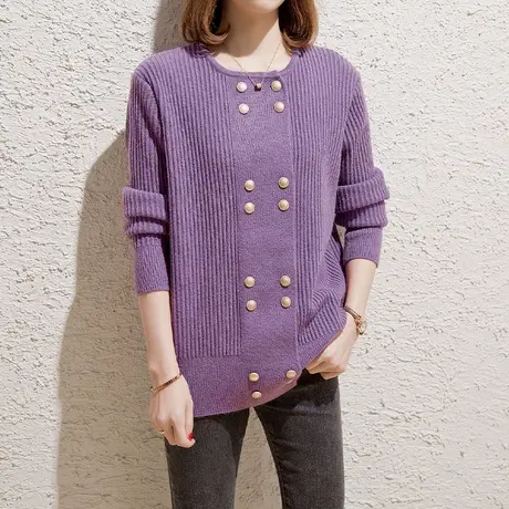 双排扣针织开衫女2023春秋新款宽松圆领外搭上衣外穿厚毛衣外套潮商品大图