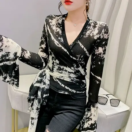 网红水墨画系带开衫上衣女洋气喇叭袖披肩性感V领网纱外套春夏潮商品大图