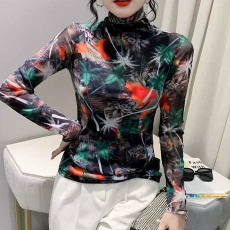 网纱打底衫女长袖复古印花妈妈装春装洋气高领上衣修身显瘦T恤ins商品大图