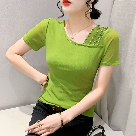 时尚钉珠网纱T恤女短袖气质性感斜领小衫百搭显瘦修身上衣设计感商品大图