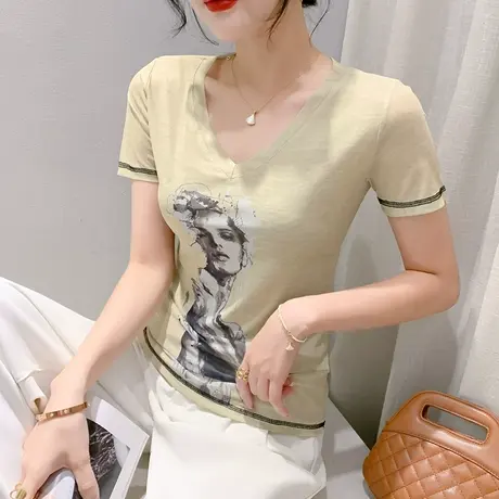 气质减龄印花T恤女短袖夏季新款时尚别致修身上衣性感V领网纱小衫商品大图