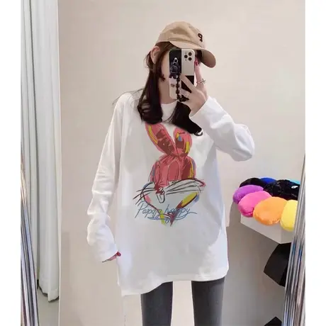 秋冬冬新款宽松兔子印花长袖打底衫T恤女打底衫上衣宽松常规女士商品大图