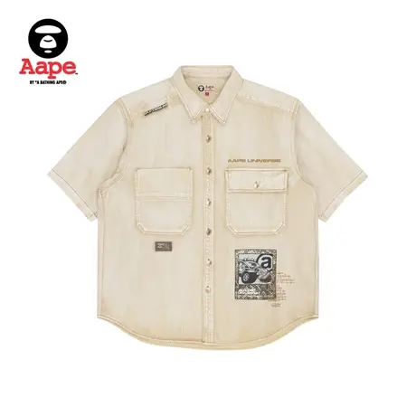 Aape旗舰店男装春夏简约刺绣工装口袋涂鸦牛仔短袖衬衫8404XAI图片