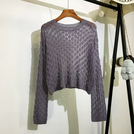 针织镂空长袖罩衫女外穿早秋新款韩版宽松圆领套头性感短款上衣潮商品大图