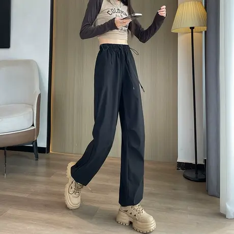 黑色工装裤女春秋2023年新款高腰降落伞裤休闲阔腿裤美式运动裤子图片