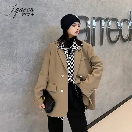 西装外套女秋季小众设计感微宽肩宽松显瘦休闲卡其色炸街小西服潮图片
