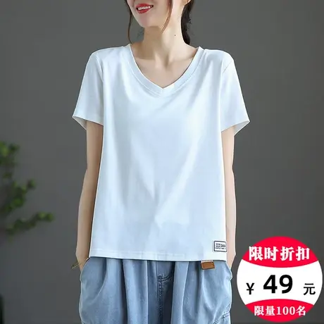 dza 文艺复古v领短袖t恤女白色纯棉上衣休闲新款夏季宽松短款体恤商品大图